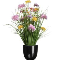 Kunstbloemen boeket lila paars - in pot zwart - keramiek - H70 cm - Kunstbloemen