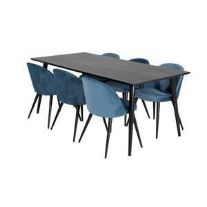 Dipp180x90BLBL eethoek eetkamertafel zwart en 6 Velvet eetkamerstal velours blauw, zwart.