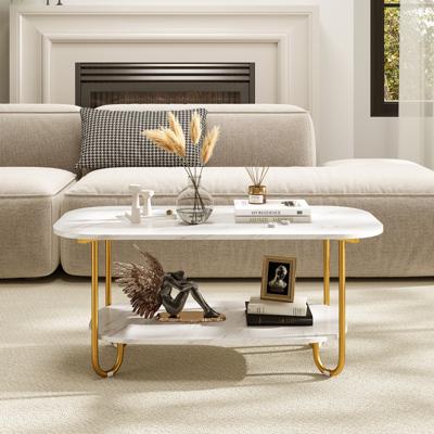 Salontafel met Imitatiemarmeren Blad 2-Laags Theetafel met Opbergplank en Stevig Metalen Frame Moderne Salontafel Multifunctioneel