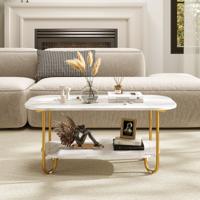 Salontafel met Imitatiemarmeren Blad 2-Laags Theetafel met Opbergplank en Stevig Metalen Frame Moderne Salontafel Multifunctioneel Salontafel met Imitatiemarmeren Blad 2-Laags Theetafel met Opbergplank en Stevig Metalen Frame Moderne Salontafel Multifunctioneel