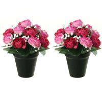 Kunstbloemen plant in pot - 2x - roze/wit tinten - 20 cm - Bloemenstuk ornament - thumbnail