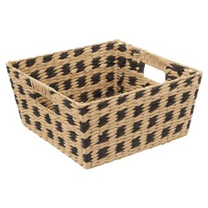 Gevlochten rieten opbergmand vierkant beige/zwart 31 x 31 x 15 cm - Opbergmanden