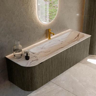 Badmeubel Mondiaz Kurve-Dlux | 145 cm | Meubelkleur Shadow | Wastafelkleur Nata | Solid surface | Wasbak rechter zijde spoelbak | 1 kraangat