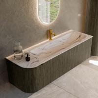 Badmeubel Mondiaz Kurve-Dlux | 145 cm | Meubelkleur Shadow | Wastafelkleur Nata | Solid surface | Wasbak rechter zijde spoelbak | 1 kraangat