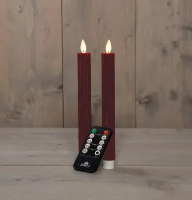 Anna&apos;s Collection LED dinerkaars flame effect ribbel 23 cm bordeaux 2 stuks