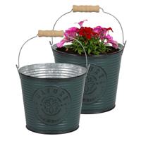 Plantenpot/bloempot emmer voor buiten - 2x - zink - petrolblauw - D17 x H14 cm