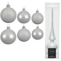 Groot pakket glazen kerstballen 50x winter wit glans/mat 4-6-8 cm met piek glans - Kerstbal - thumbnail