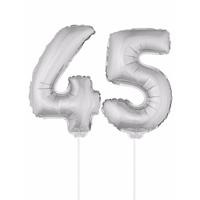 45 jaar leeftijd feestartikelen - versiering cijfers - zilver - ballonnen op stokje - van 41 cm