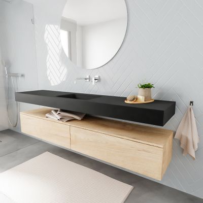 Mondiaz Alan badmeubel 200 cm washed oak 2 lades vrijhangend wastafel midden zonder kraangat zwart