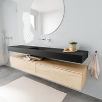 Mondiaz Alan badmeubel 200 cm washed oak 2 lades vrijhangend wastafel midden zonder kraangat zwart