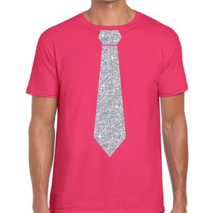 Roze fun t-shirt met stropdas in glitter zilver heren