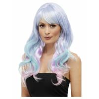 Luxe carnaval verkleed lila/turquoise pruik - lang haar met pony - voor dames