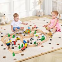 78-delig Kinder Spoorwegset 5 in 1 Houten Spoorwegtafel met Omkeerbaar Tafelblad en Krijtbord