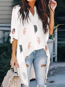 Casual Loose V-Neck Irregular Hem Half-Sleeve Blouse