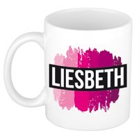 Naam cadeau mok / beker Liesbeth met roze verfstrepen 300 ml - thumbnail