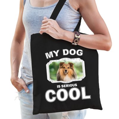 Sheltie honden tasje zwart volwassenen en kinderen - my dog serious is cool kado boodschappentasje