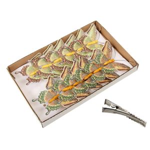 Decoratie vlinders op clip - 12x stuks - beige en oranje - 9 cm - kunststof