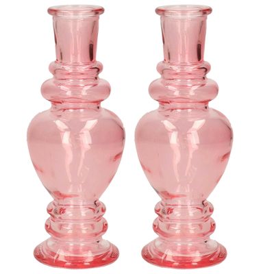 Bloemenvaas Venice - 2x - voor kleine stelen/boeketten - gekleurd glas - helder roze - D5,7 x H15 cm