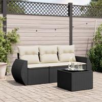 4-delige Loungeset met kussens poly rattan zwart