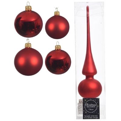 Glazen kerstballen pakket kerstrood glans/mat 38x stuks 4 en 6 cm met piek mat