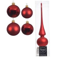 Glazen kerstballen pakket kerstrood glans/mat 38x stuks 4 en 6 cm met piek mat - thumbnail