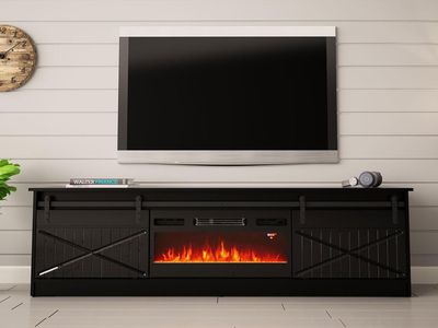 Tv-meubel met haard GRALO 2 schuifdeuren zwart/hoogglans zwart