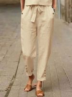 Plain Buckle Pockets Lace-up Casual Pants - thumbnail