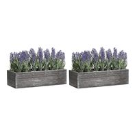 Lavendel bloemen kunstplant in houten bloempot - 2x - paarse bloemen - 34 x 14 x 19 cm