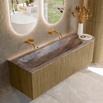 Badmeubel Mondiaz Kurve-Dlux | 145 cm | Meubelkleur Dusk | Wastafelkleur Oza | Solid surface | Wasbak linker zijde spoelbak | Zonder kraangat(en)