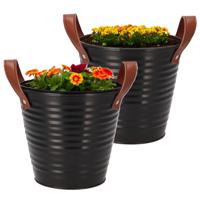 Plantenpot/bloempot emmer Leather - 2x - rond - zink - zwart - D16 x H15 cm