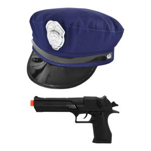 Carnaval verkleed politie agent set - pet/cap blauw met zilveren badge - pistool zonder paffertjes