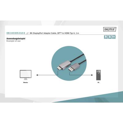 Digitus DB-340305-010-S DisplayPort-kabel DisplayPort Adapterkabel DisplayPort-stekker, HDMI-A-stekker 1 m Zwart 8K UHD, Afgeschermd (drievoudig), Flexibel,