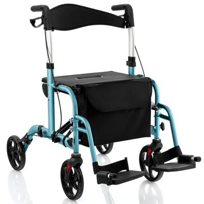 Rollator Opvouwbaar en Licht met Zitting 2-In-1 Rolstoel & Reisrollator Loophulp 6-Voudig in Hoogte Verstelbaar Wandelwagen (Blauw)