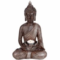 Boeddha beeldje met theelichthouder - binnen/buiten - kunststeen - antiek bruin - 30 x 18 cm - Beeldjes