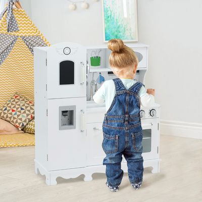 Kinderkeuken met Realistisch Licht en Geluid Houten Speelkeuken met Koelkast Incl. Speeltoebehoren voor Kinderen Vanaf 3 Jaar Wit