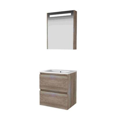 Basic-Line Premium 46 Badkamermeubelset - 60 x 46 cm - Greeploos - 2 Lades - Keramische Wastafel - 1 Kraangat - Spiegelkast met LED Verlichting - Scotch Oak