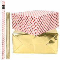 4x Rollen kraft inpakpapier liefde/rode hartjes pakket - metallic goud 200 x 70/50 cm - Cadeaupapier - thumbnail