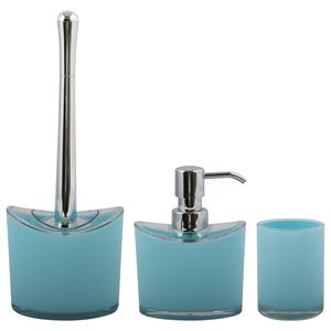 MSV Toiletborstel in houder/zeeppompje/beker - badkamer set Aveiro - kunststof - lichtblauw - Badkameraccessoireset