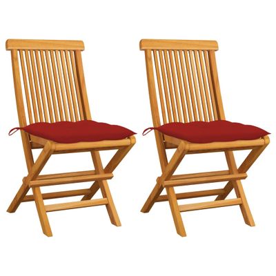 VidaXL Opklapbare stoelen met rode kussens, 2 stuks, massief teakhout