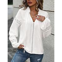 Dames Overhemd Blouse Effen Kleur strik voorkant Kant Dagelijks Elegant Casual Lange mouw Gekerfde nek Wit Lente Herfst Lightinthebox