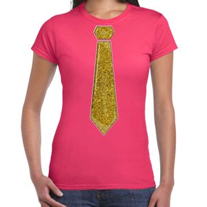 Verkleed t-shirt voor dames - stropdas glitter goud - roze - carnaval - foute party