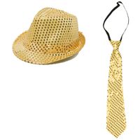 Party carnaval verkleed hoedje en stropdas goud glitters - Verkleedhoofddeksels