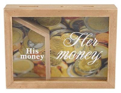 Gifts Amsterdam spaarpot His and Hers 15 x 20 cm hout bruin