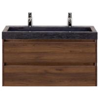 Dante Badmeubelset 100 cm - Walnoot - Wastafel Hardsteen Wit Lucca 2 Kraangaten