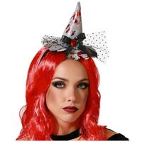 Halloween heksenhoed - mini hoedje op diadeem - one size - zilver/bloed - meisjes/dames - thumbnail