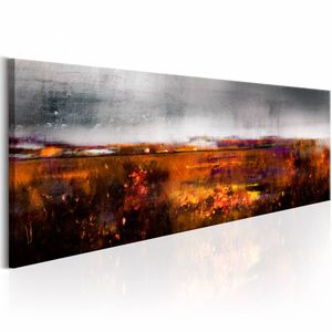 Schilderij - Herfst Veld , rood grijs ,  wanddecoratie , premium print op canvas