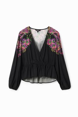 Wikkelblouse met digitale bloemenprint - BLACK - L