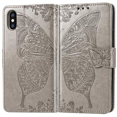 Butterfly Love bloemen reliëf horizontale Flip lederen case voor iPhone X met houder & kaartsleuven & portemonnee & Lanyard (grijs)