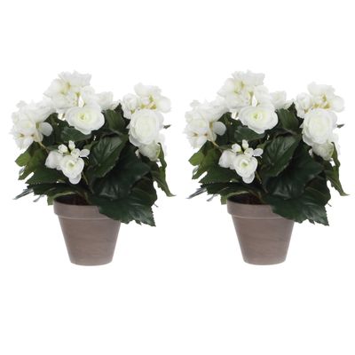 2x stuks witte Begonia kunstplant 30 cm in grijze pot