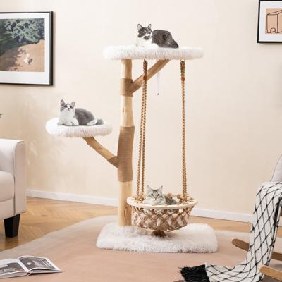 123 cm Kattenboom met Hangmand & Klimtoren & Echte Houten Takken Krabpaal Kattenactiviteitsboom
